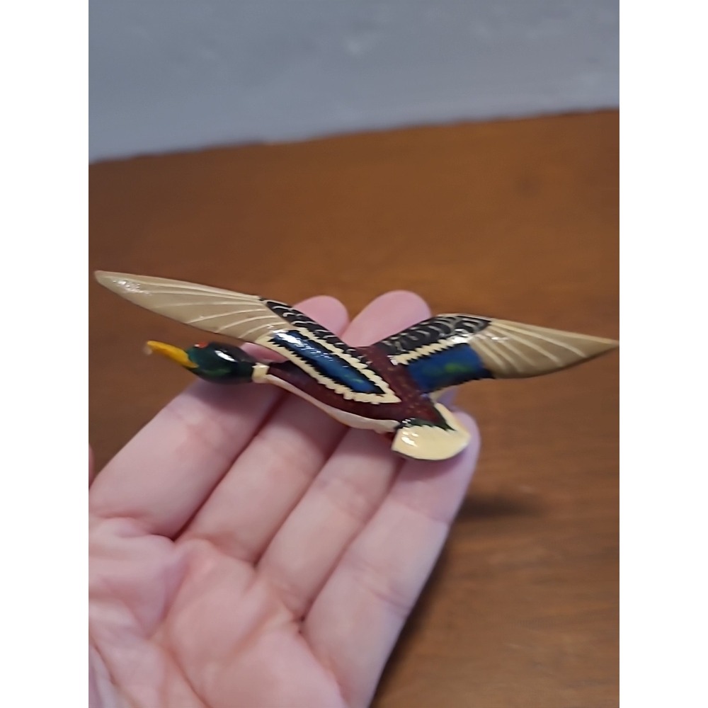 Vtg 70s Mallard Duck Brooch Pin Carved Wood Hand Painted Figural‎ Bird Signed